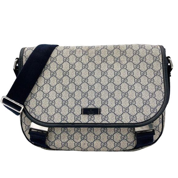 Authentic Gucci GG Logo Plus Supreme Messenger Bag Monogram Flap Tote Tan Navy - Picture 1 of 10